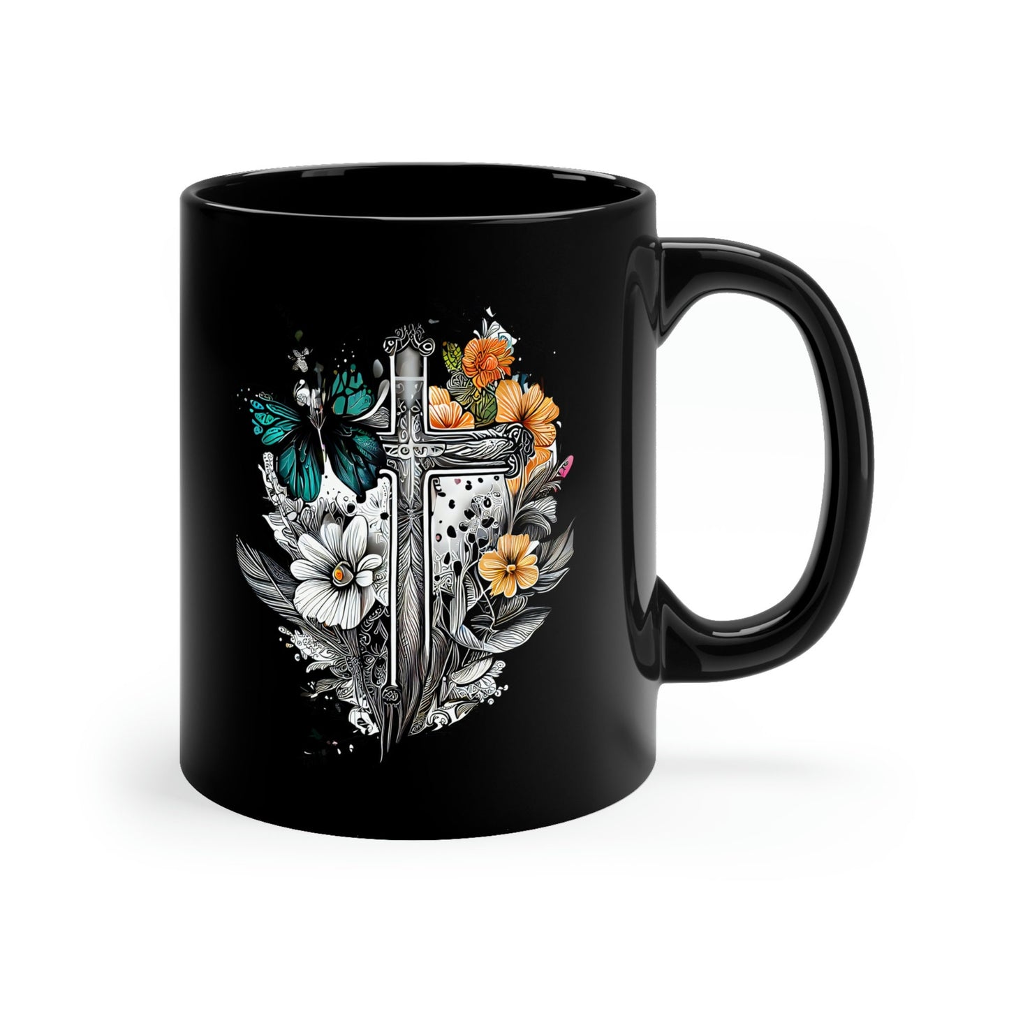 Cross with Butterflies and Flowers 11oz Black Mug