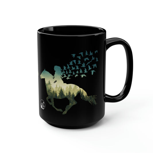 Horse and Rider Running Birds Flying Free Forest Mug, coffee tea black mug 15oz