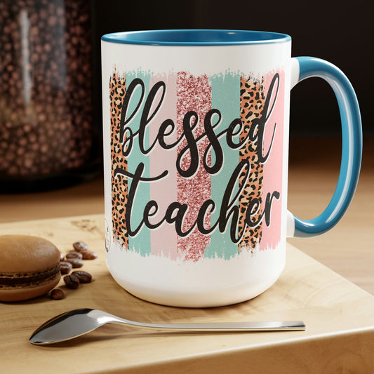 Blessed Teacher Leopard Print Brushstrokes Two-Tone Coffee Mug 15oz