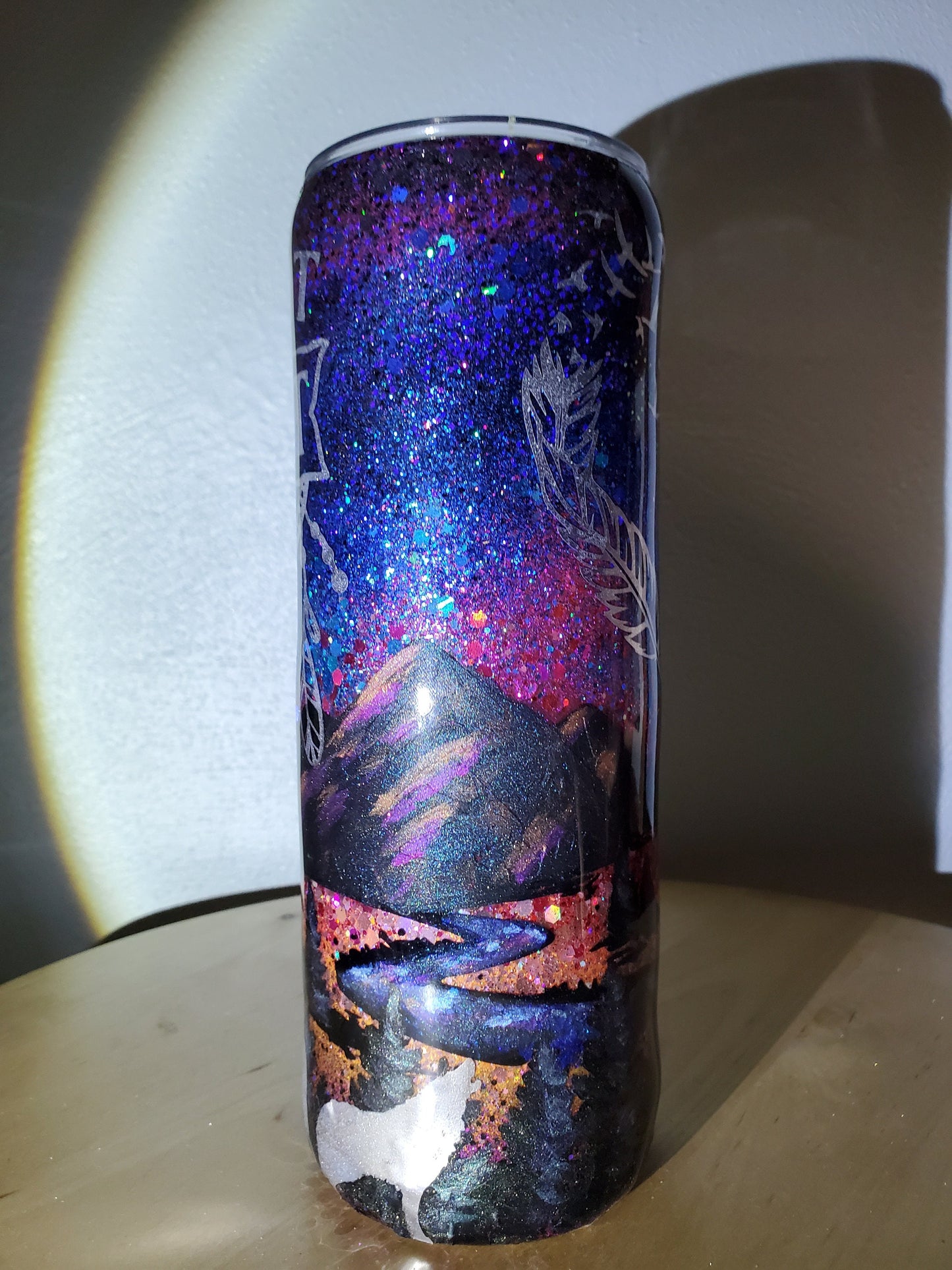 Sunset Forest Mountains Wild at Heart Custom Hand Painted Glitter Tumbler