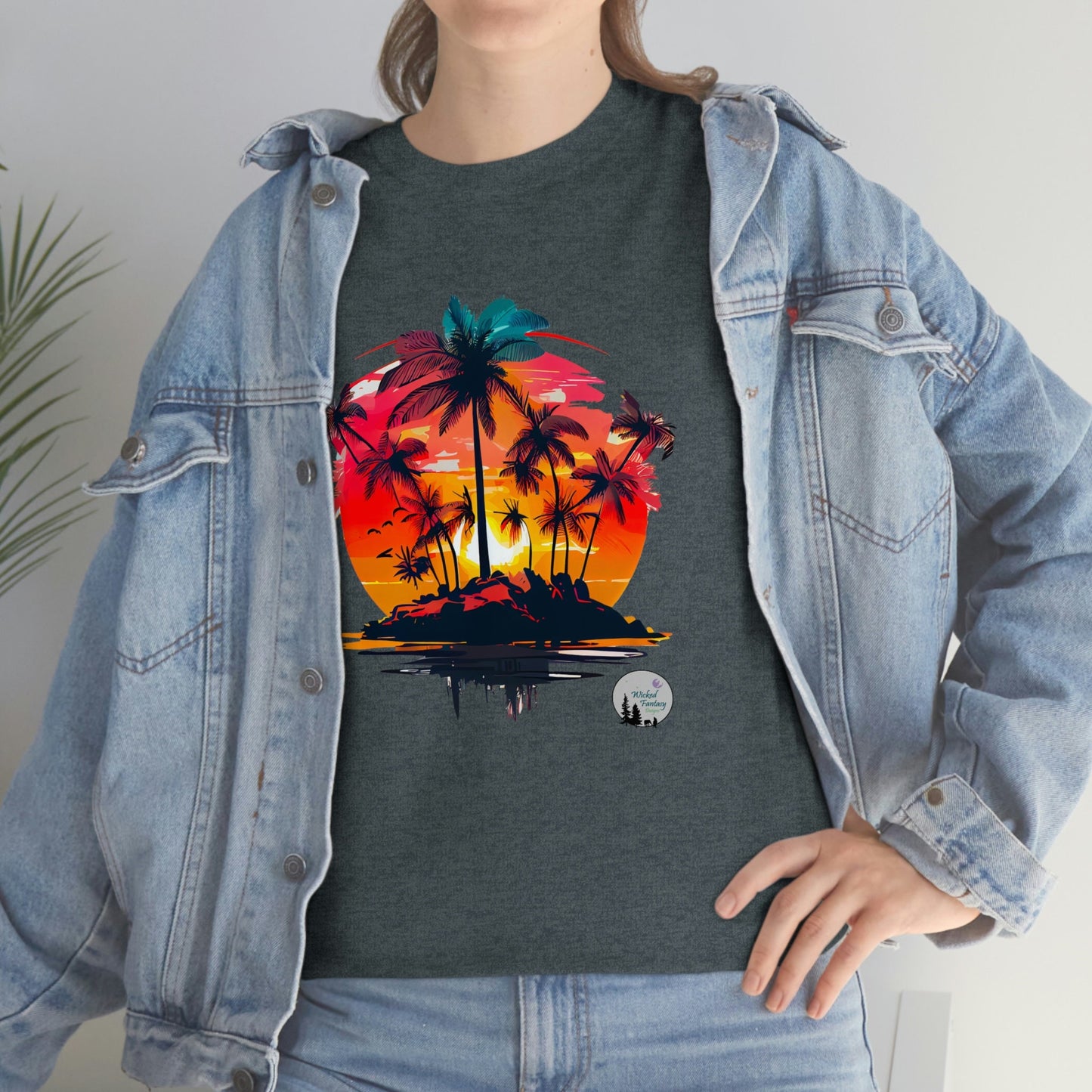 Island Sunset Beach Palm Trees Cute Heavy Cotton Tee