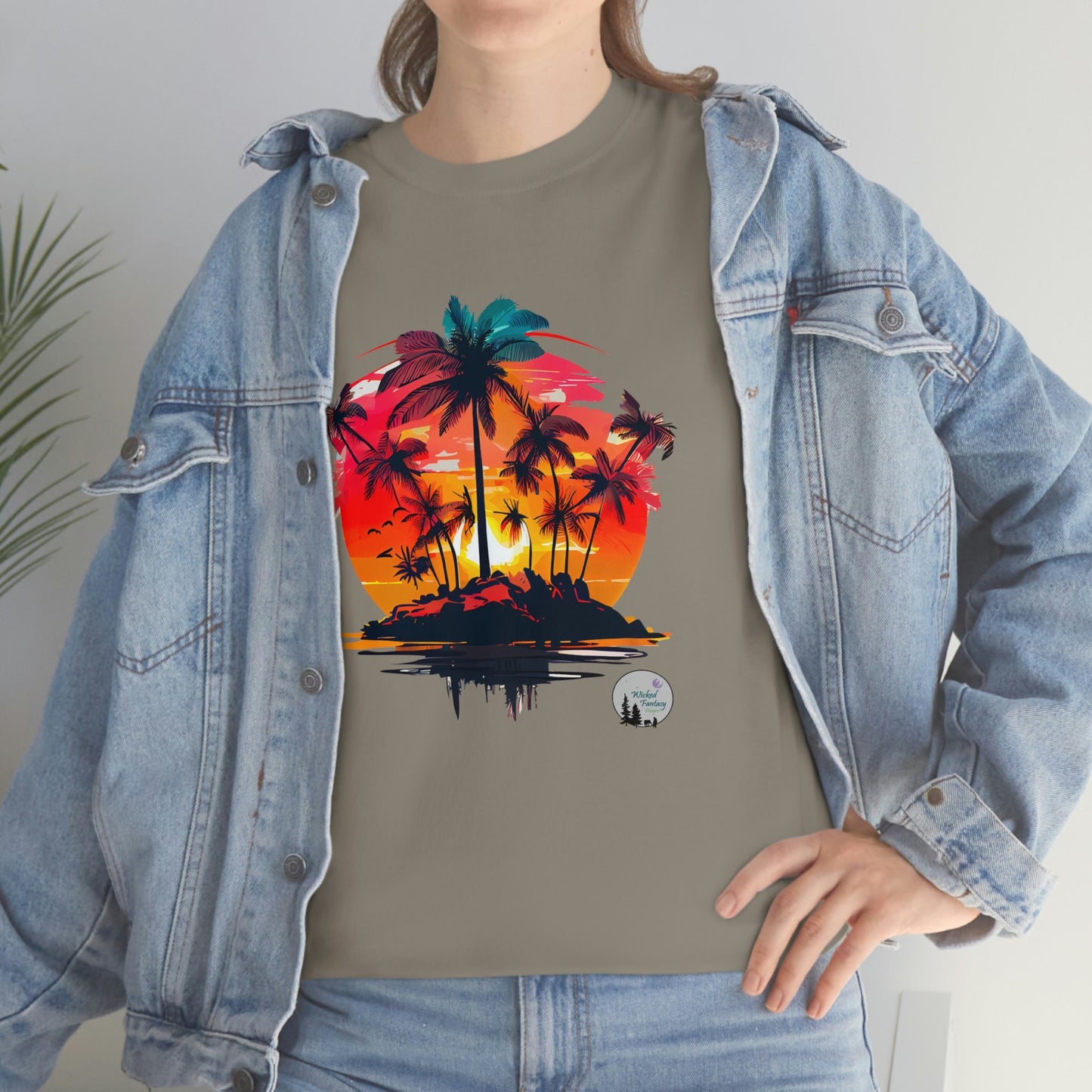 Island Sunset Beach Palm Trees Cute Heavy Cotton Tee