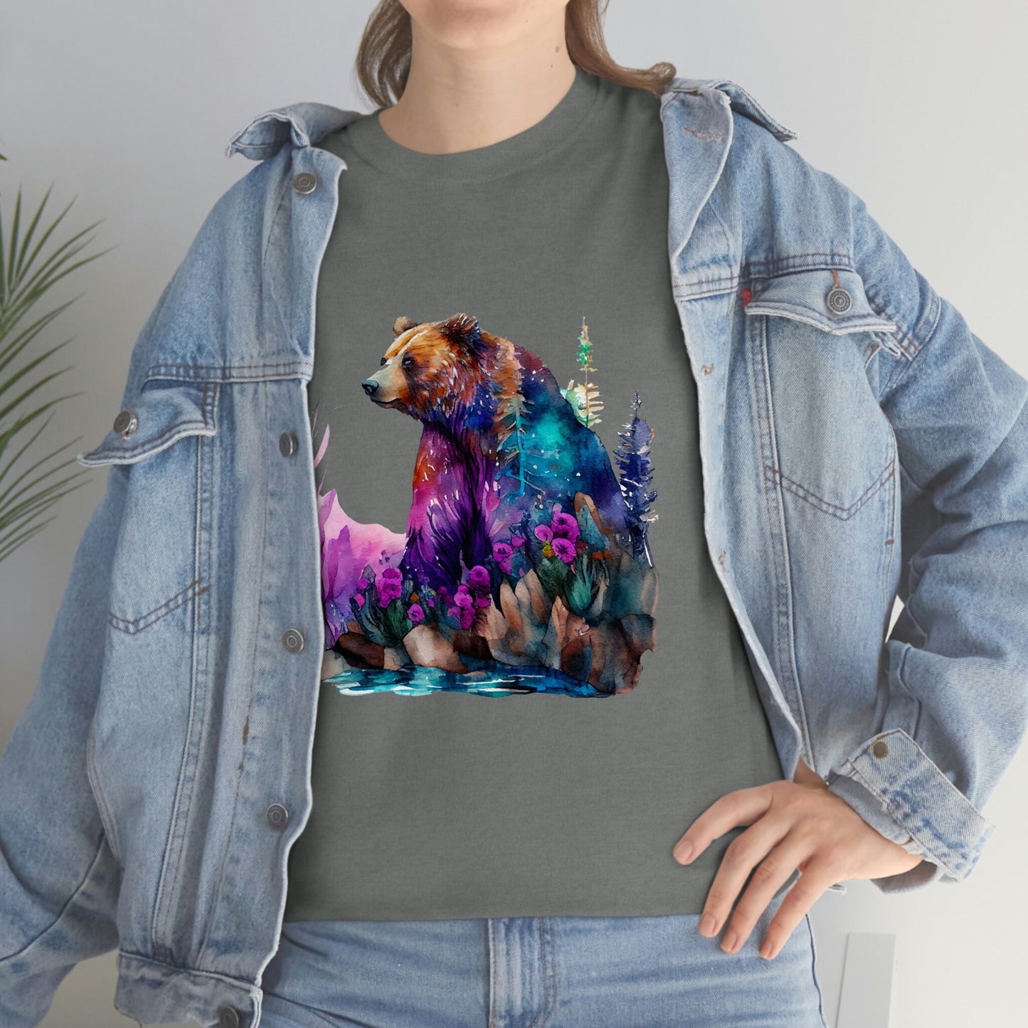 Sitting Watercolor Grizzly Bear Edgy Cute Heavy Cotton Tee