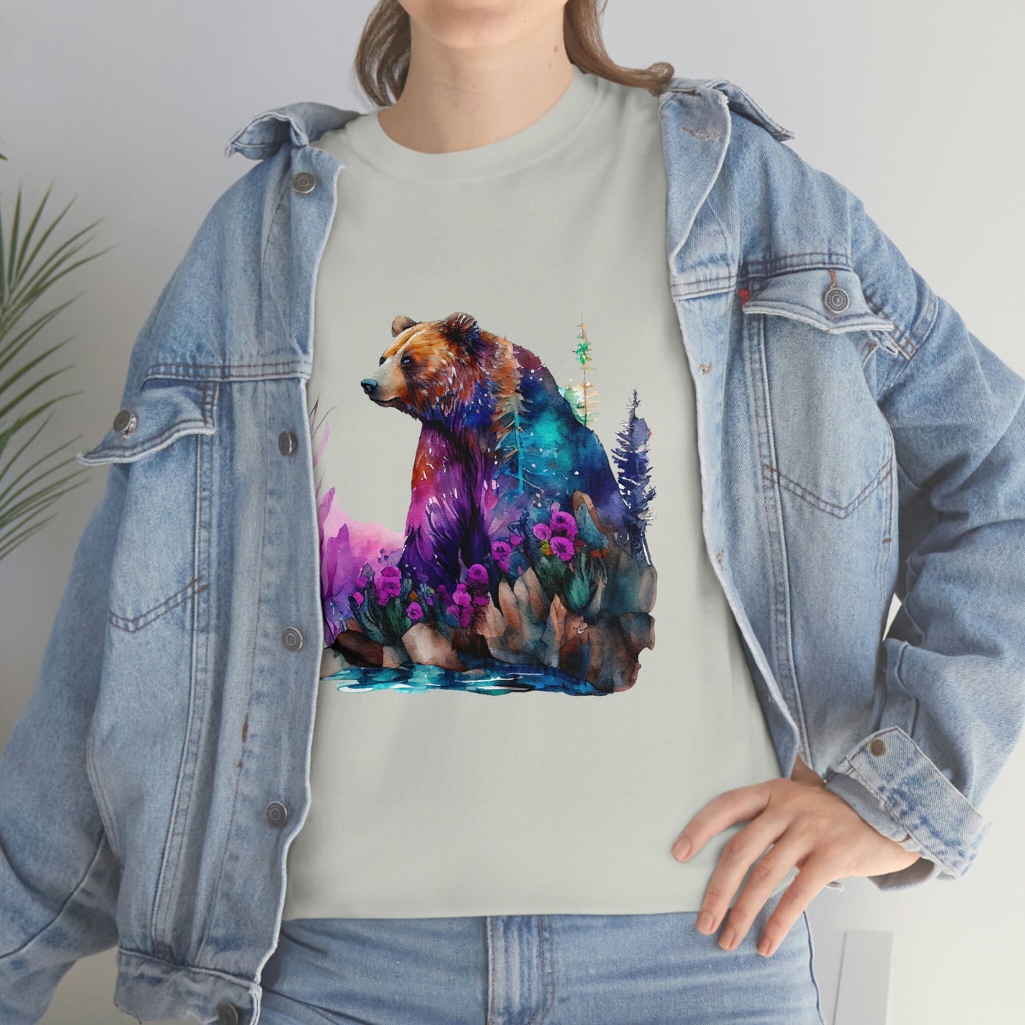 Sitting Watercolor Grizzly Bear Edgy Cute Heavy Cotton Tee