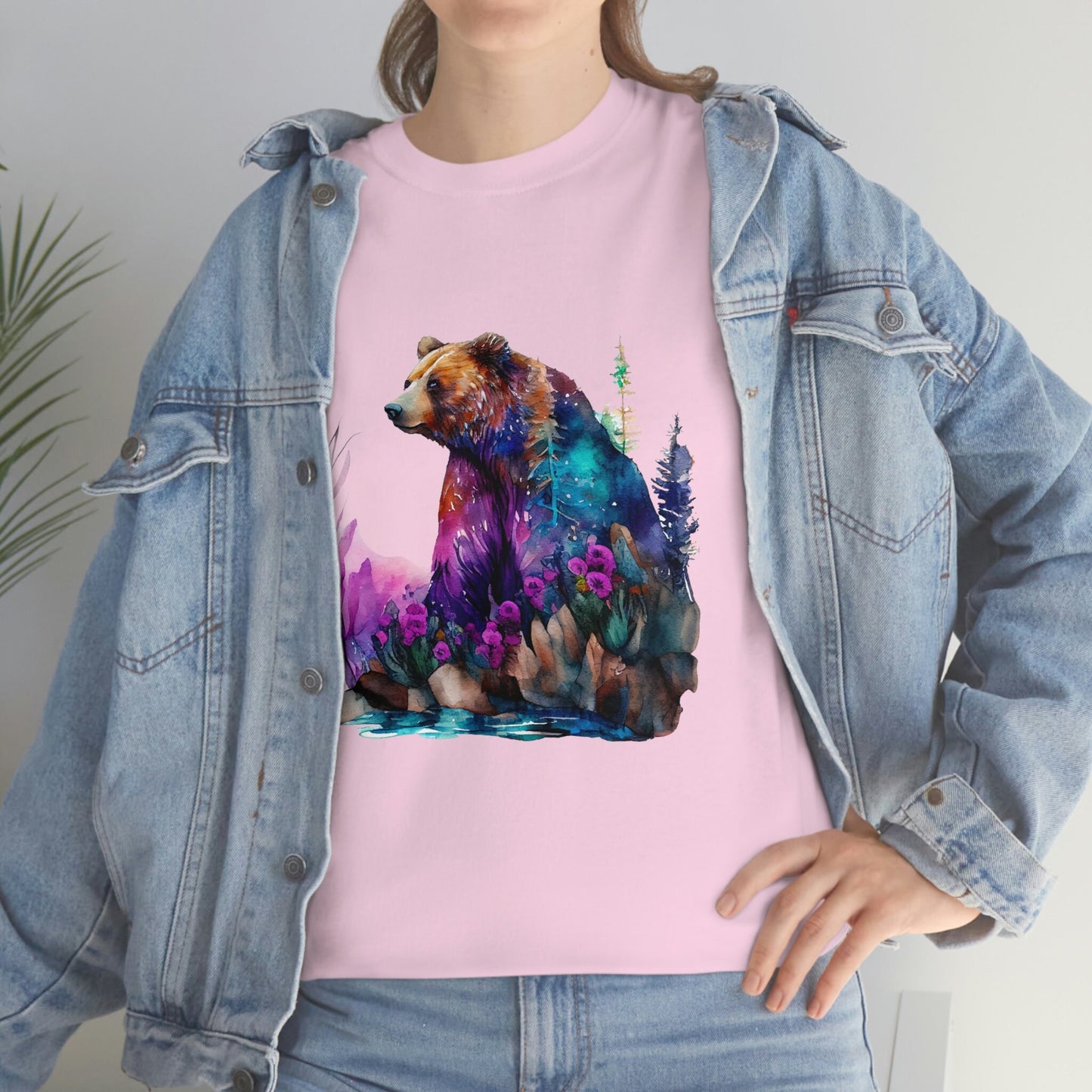 Sitting Watercolor Grizzly Bear Edgy Cute Heavy Cotton Tee