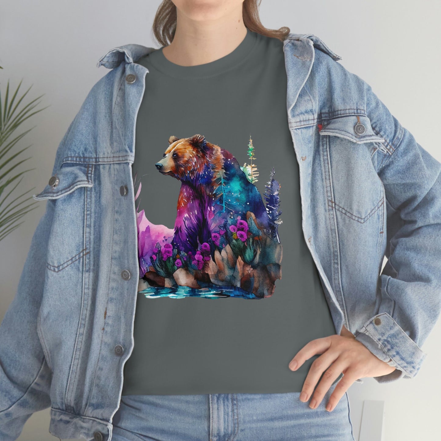 Sitting Watercolor Grizzly Bear Edgy Cute Heavy Cotton Tee