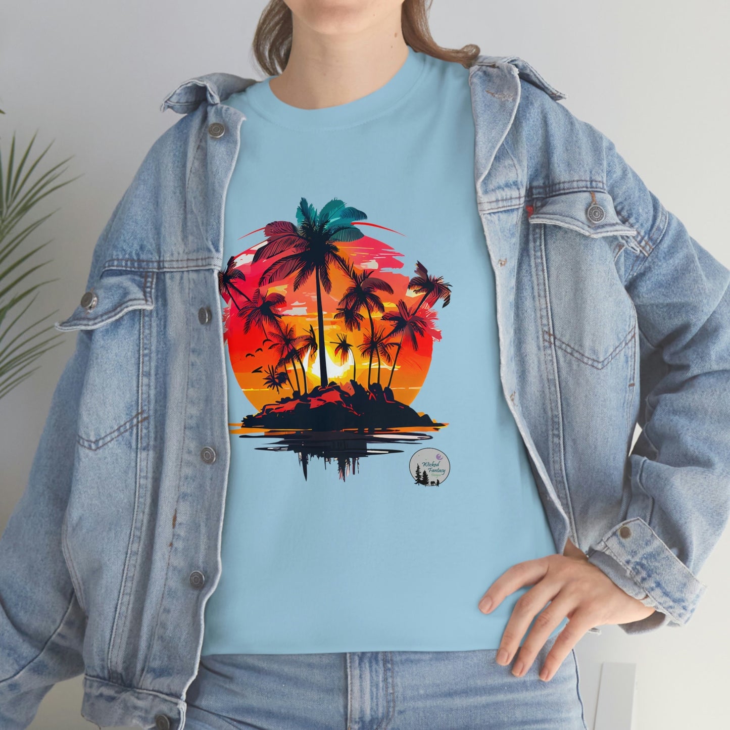 Island Sunset Beach Palm Trees Cute Heavy Cotton Tee