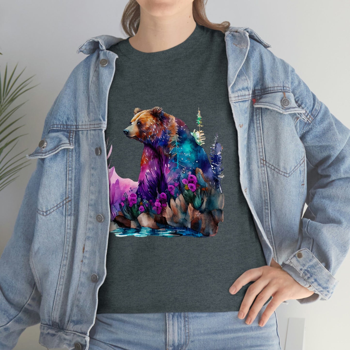 Sitting Watercolor Grizzly Bear Edgy Cute Heavy Cotton Tee