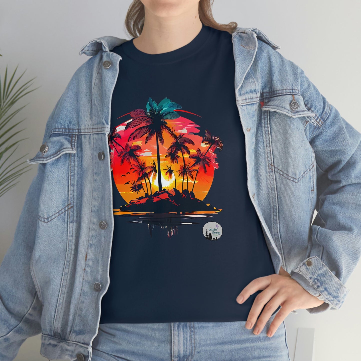 Island Sunset Beach Palm Trees Cute Heavy Cotton Tee