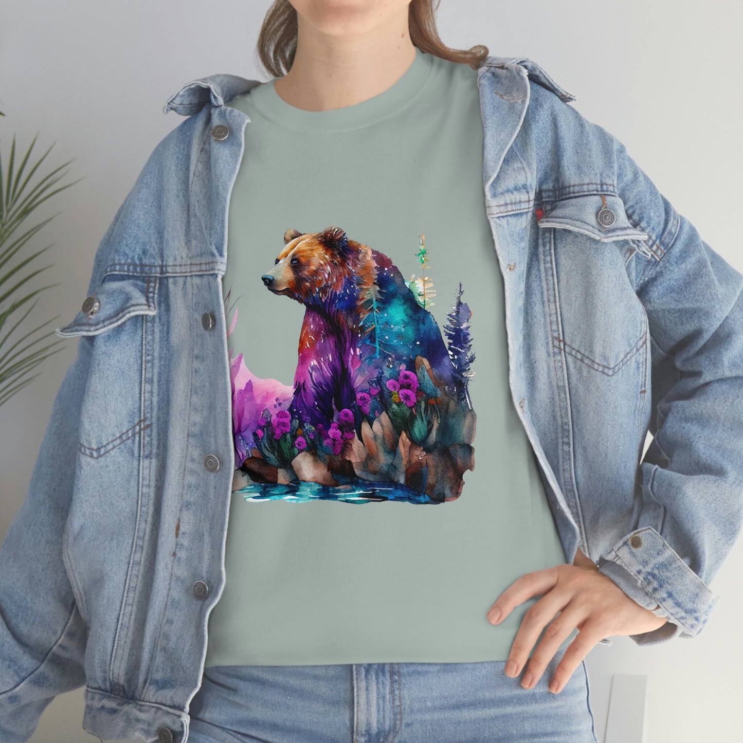 Sitting Watercolor Grizzly Bear Edgy Cute Heavy Cotton Tee