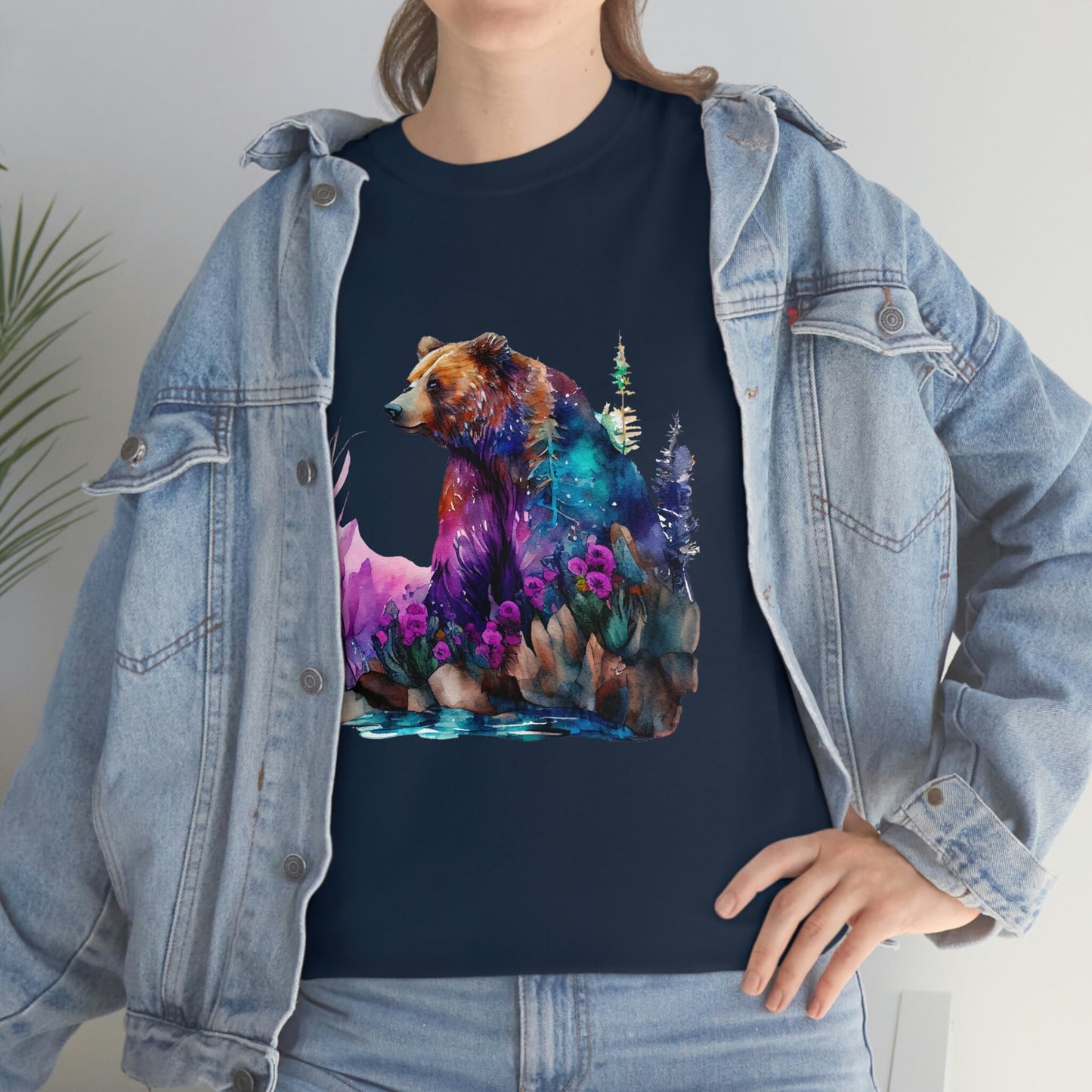 Sitting Watercolor Grizzly Bear Edgy Cute Heavy Cotton Tee