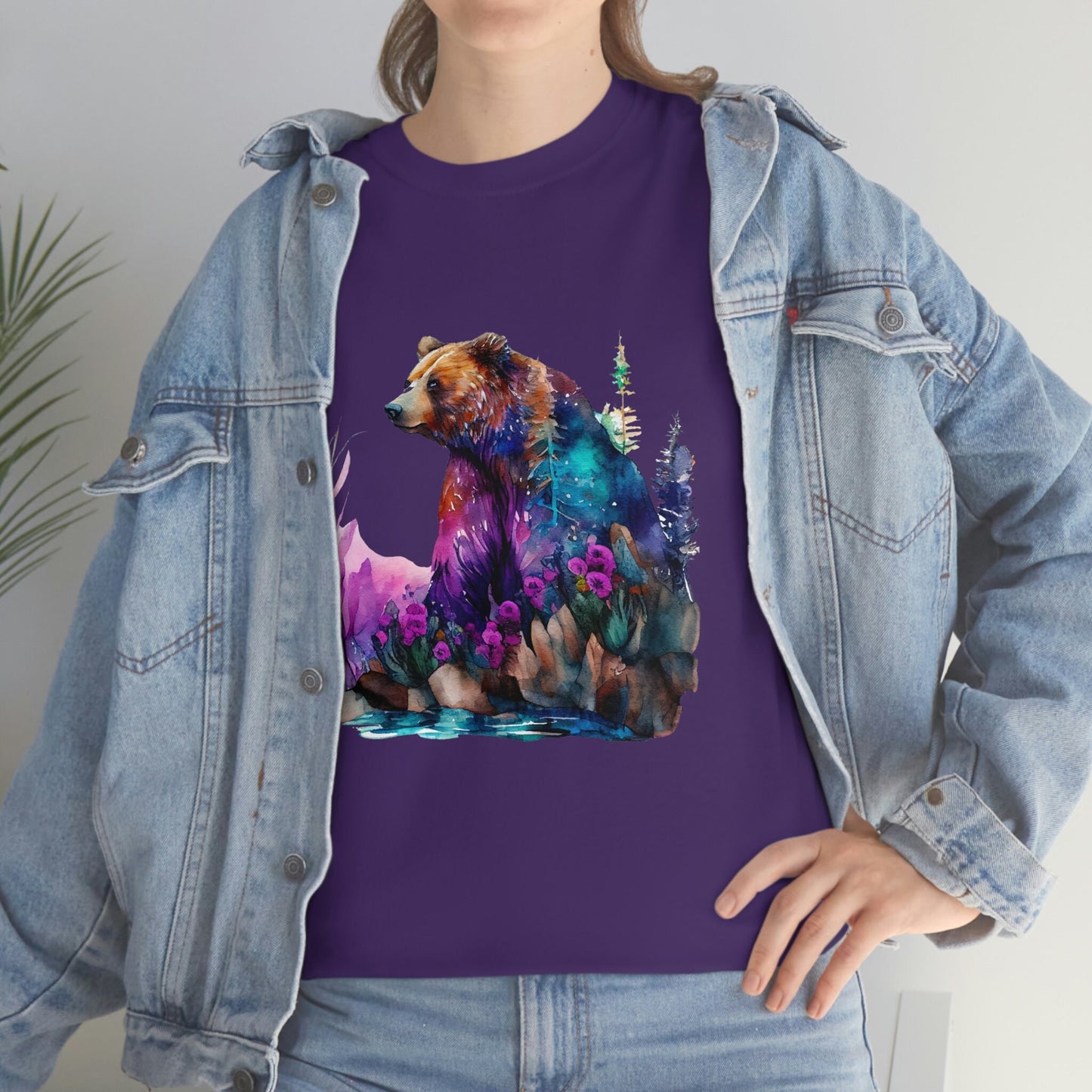 Sitting Watercolor Grizzly Bear Edgy Cute Heavy Cotton Tee