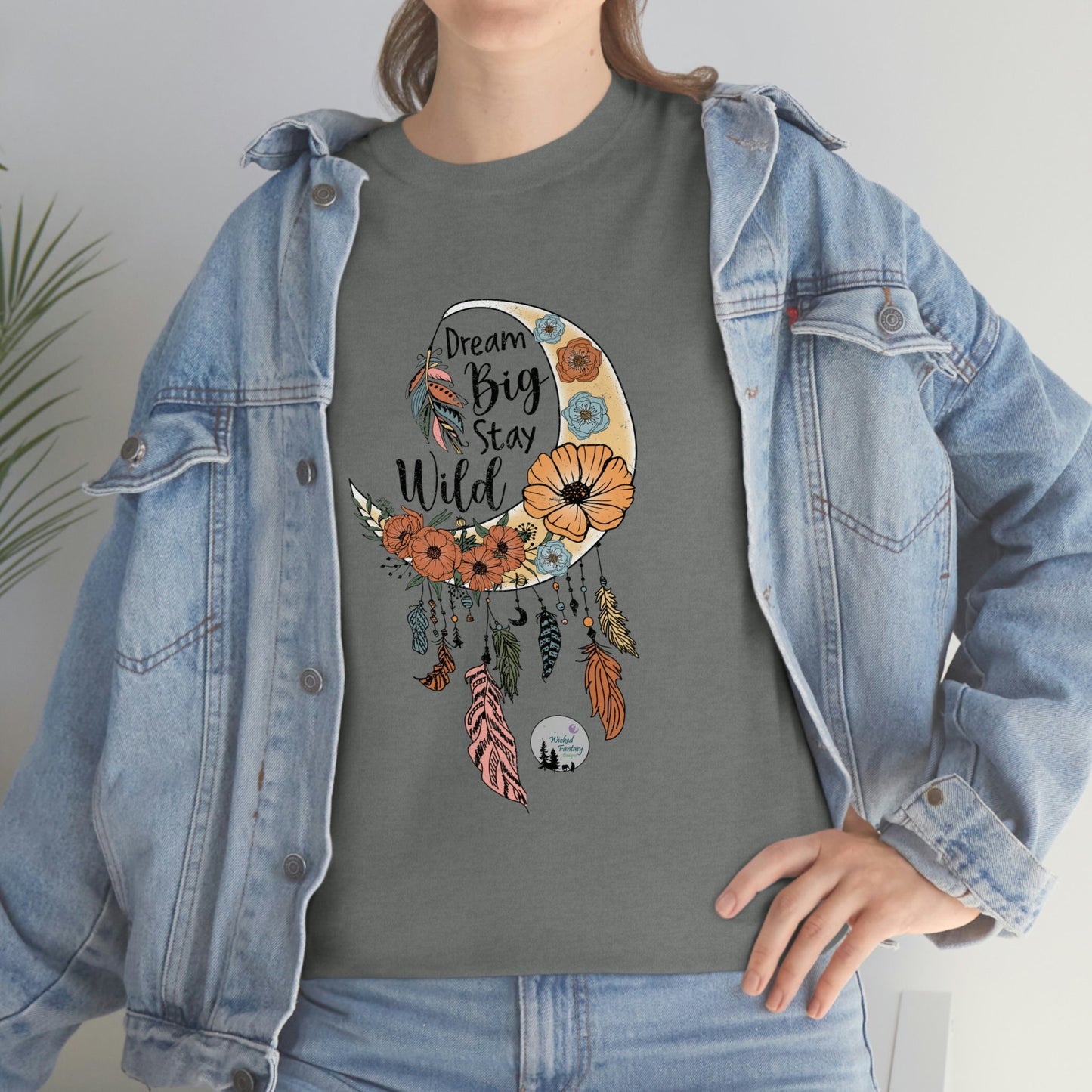 Dream Big Stay Wild Boho Dreamcatcher Crescent Moon Cute Heavy Cotton Tee