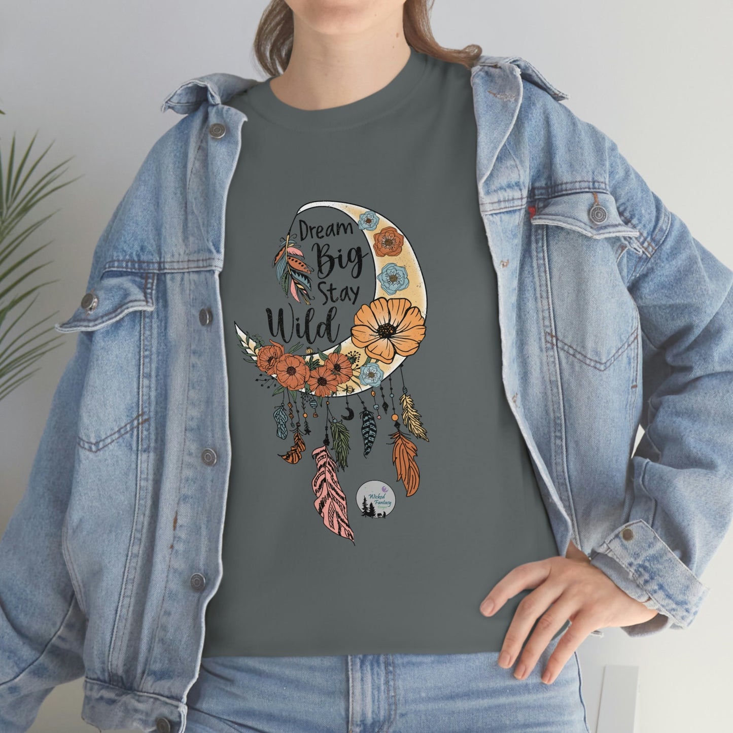 Dream Big Stay Wild Boho Dreamcatcher Crescent Moon Cute Heavy Cotton Tee