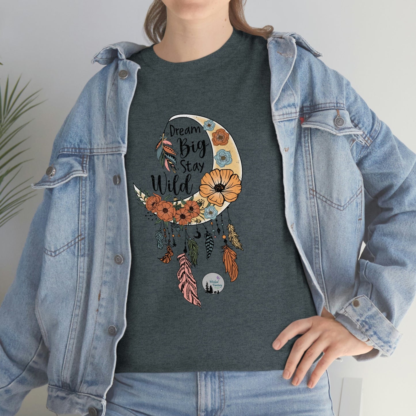 Dream Big Stay Wild Boho Dreamcatcher Crescent Moon Cute Heavy Cotton Tee