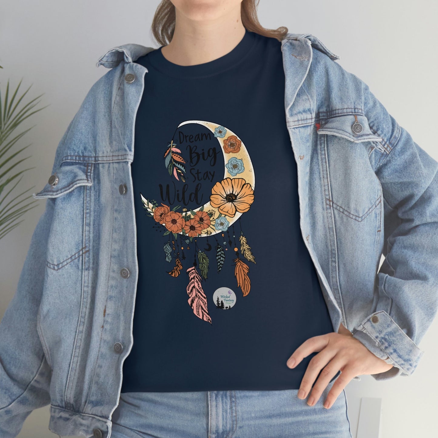 Dream Big Stay Wild Boho Dreamcatcher Crescent Moon Cute Heavy Cotton Tee