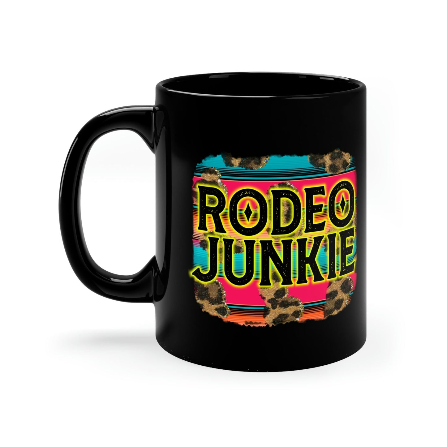 Rodeo Junkie Leopard Serape Western 11oz Black Mug
