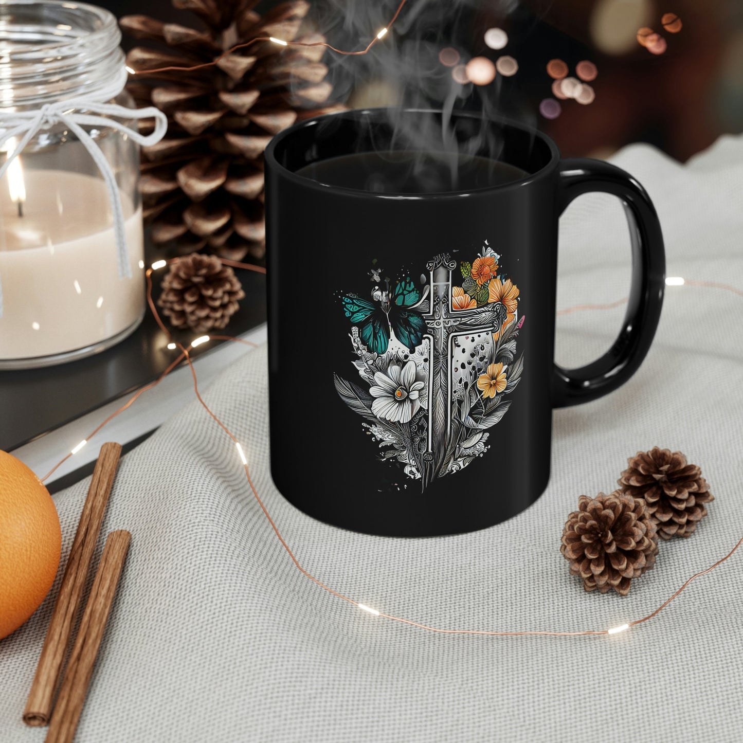 Cross with Butterflies and Flowers 11oz Black Mug