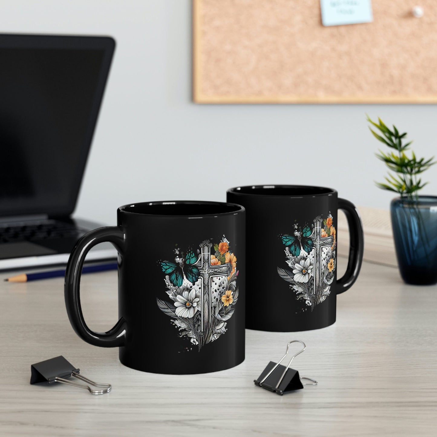 Cross with Butterflies and Flowers 11oz Black Mug