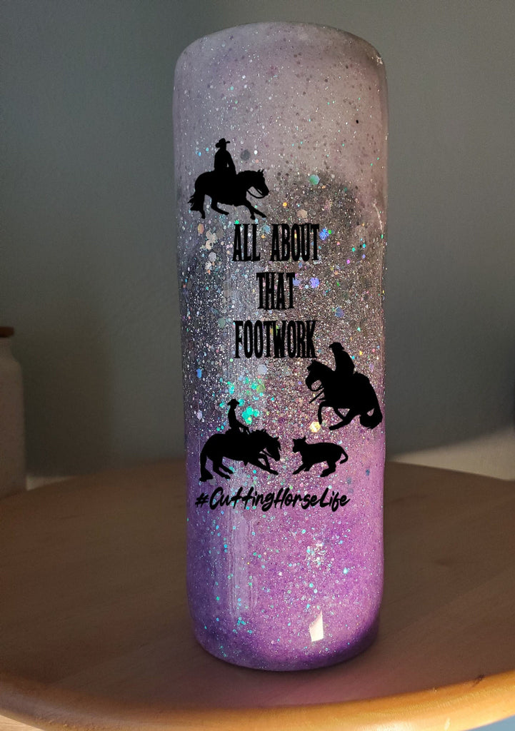 You Choose Color Cutting Horse All About that Footwork Ombre Glitter Custom Personalized Tumbler Travel Mug