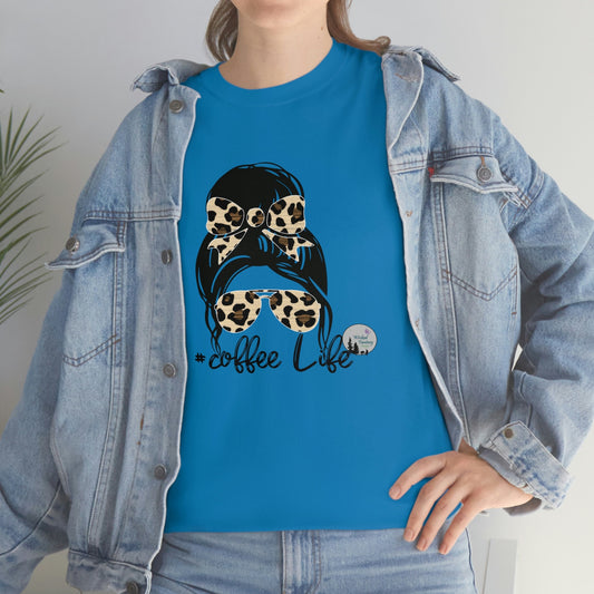 Coffee Life Messy Bun Aviators Leopard Print Edgy Cute Heavy Cotton Tee