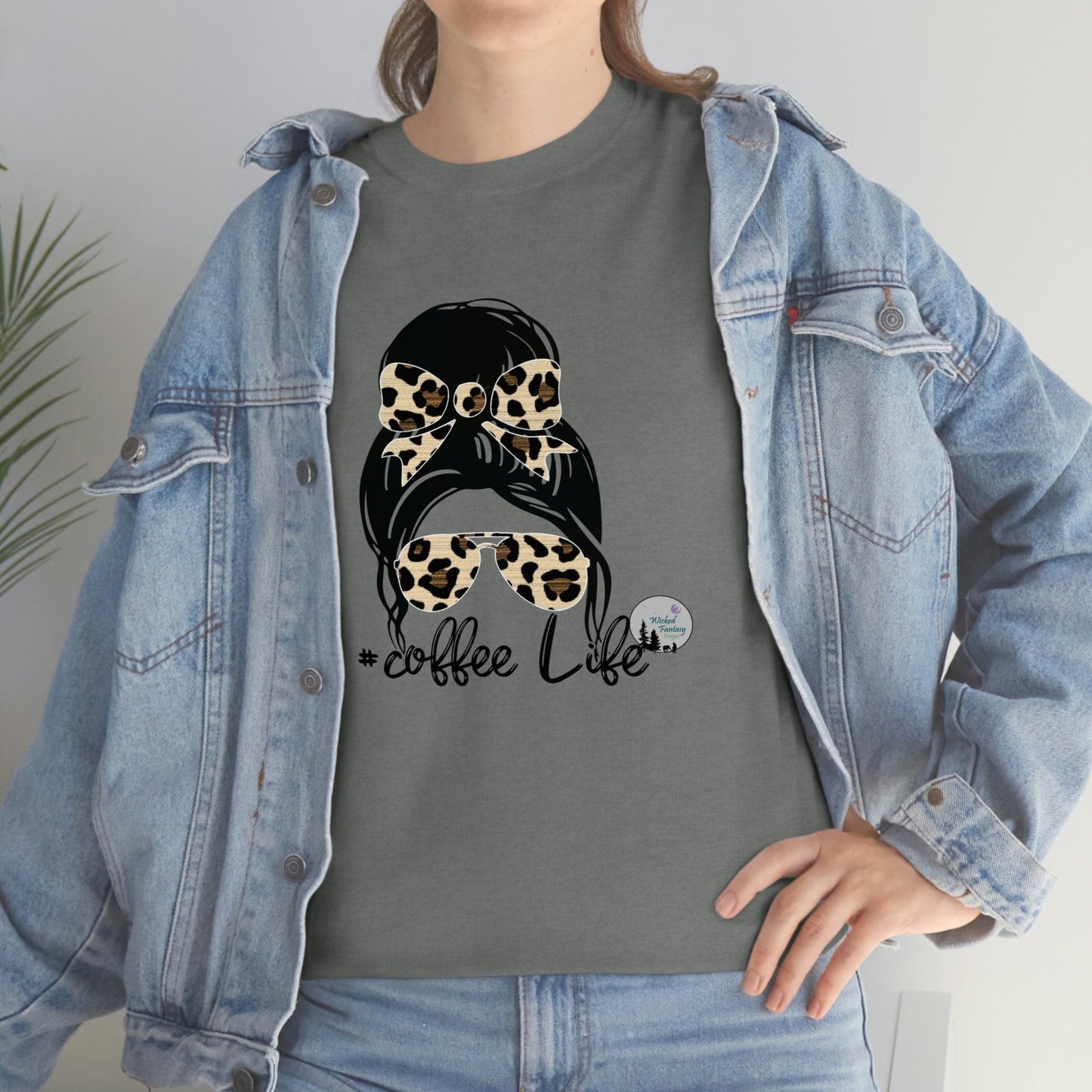 Coffee Life Messy Bun Aviators Leopard Print Edgy Cute Heavy Cotton Tee