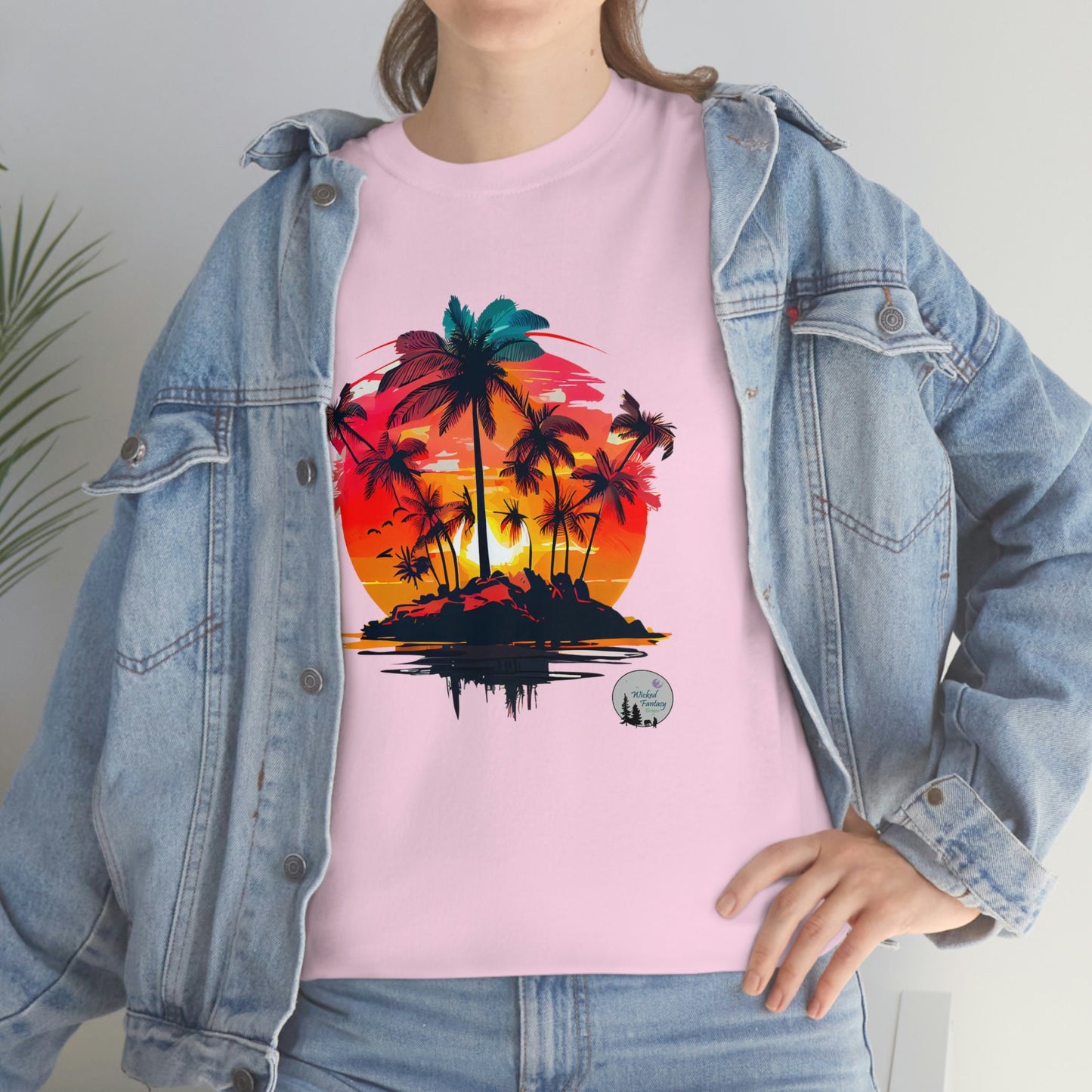 Island Sunset Beach Palm Trees Cute Heavy Cotton Tee