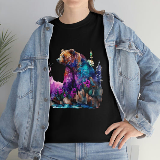 Sitting Watercolor Grizzly Bear Edgy Cute Heavy Cotton Tee