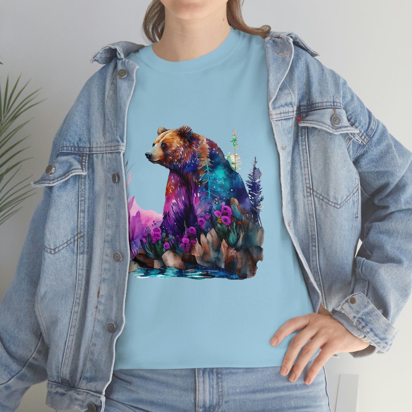 Sitting Watercolor Grizzly Bear Edgy Cute Heavy Cotton Tee