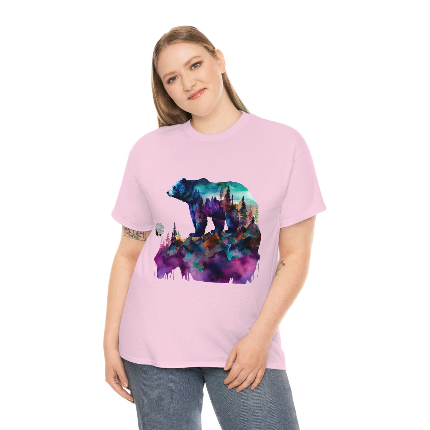 Standing Watercolor Grizzly Bear Overlook Forest Edgy Cute Heavy Cotton Tee
