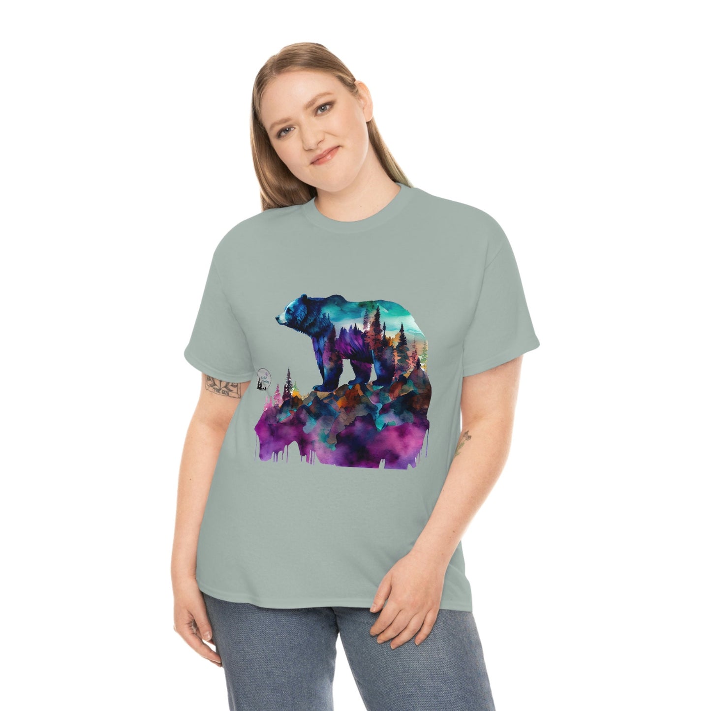 Standing Watercolor Grizzly Bear Overlook Forest Edgy Cute Heavy Cotton Tee