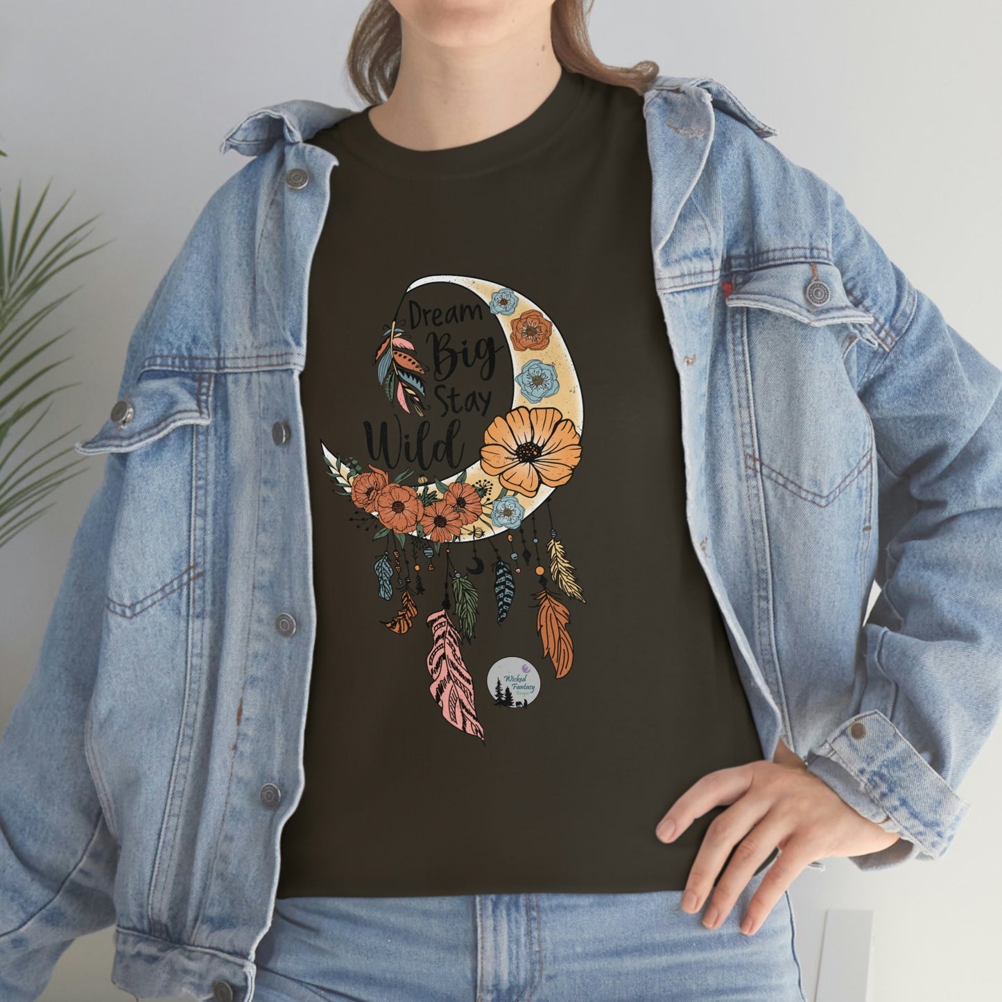 Dream Big Stay Wild Boho Dreamcatcher Crescent Moon Cute Heavy Cotton Tee