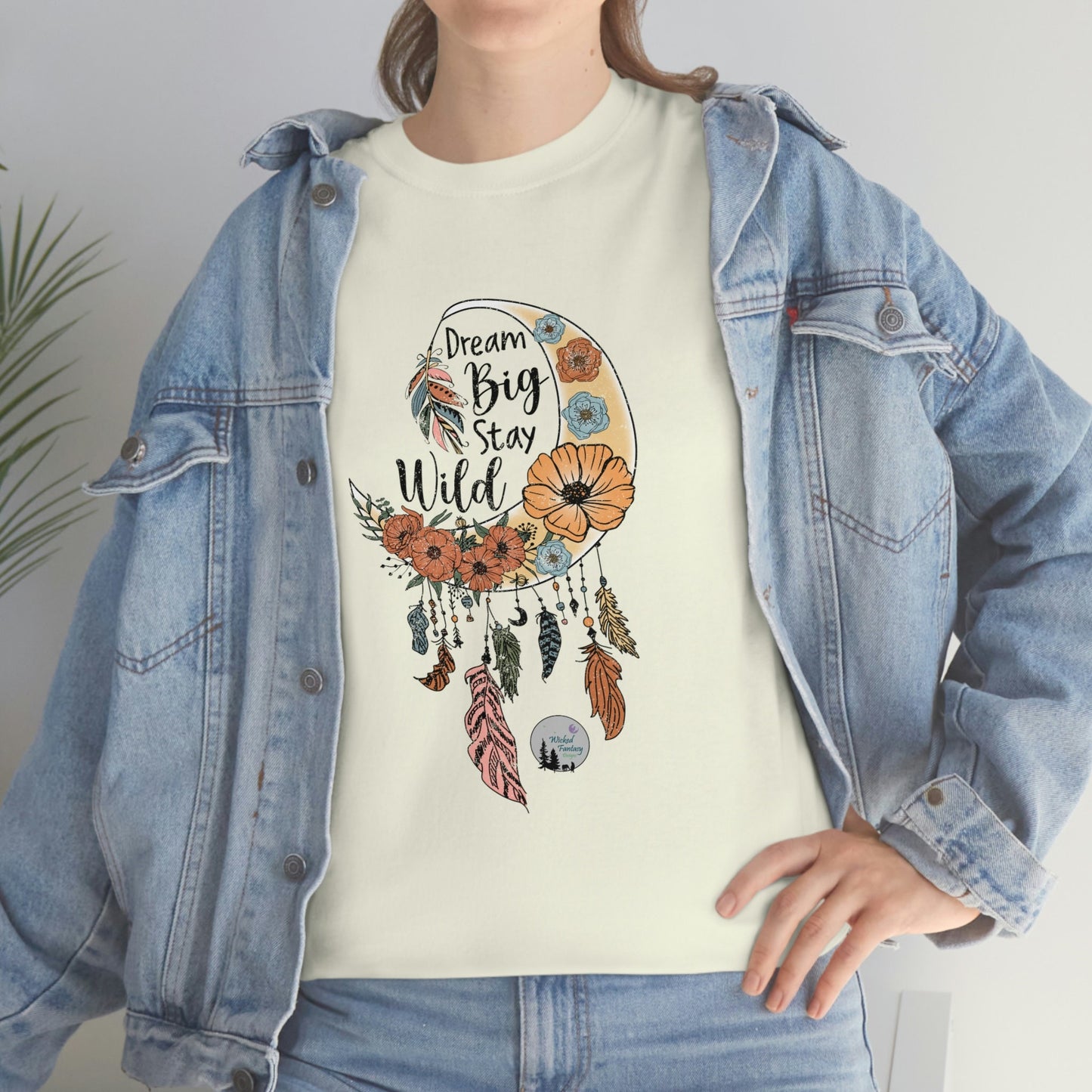 Dream Big Stay Wild Boho Dreamcatcher Crescent Moon Cute Heavy Cotton Tee