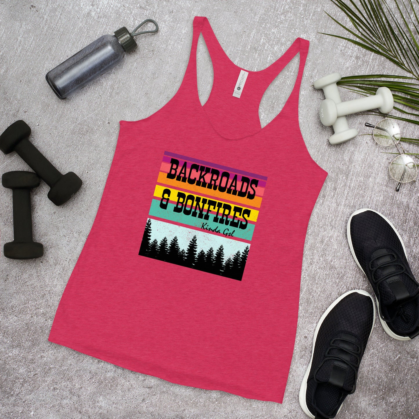 Backroads and Bonfires Kinda Gal Retro Sunset Women's Racerback Tank