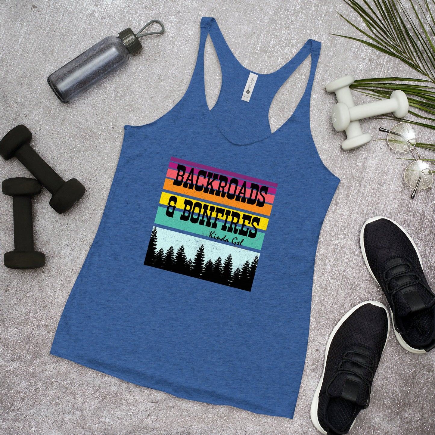 Backroads and Bonfires Kinda Gal Retro Sunset Women's Racerback Tank