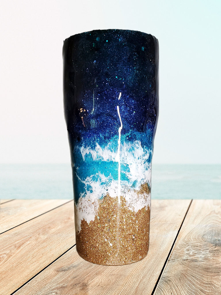 You Personalize Dark Blue Teal Aqua Beach Glitter Tumbler Iron Flask Bru Mate Yeti Stanley Multiple Sizes Custom Tumbler 40oz with handle