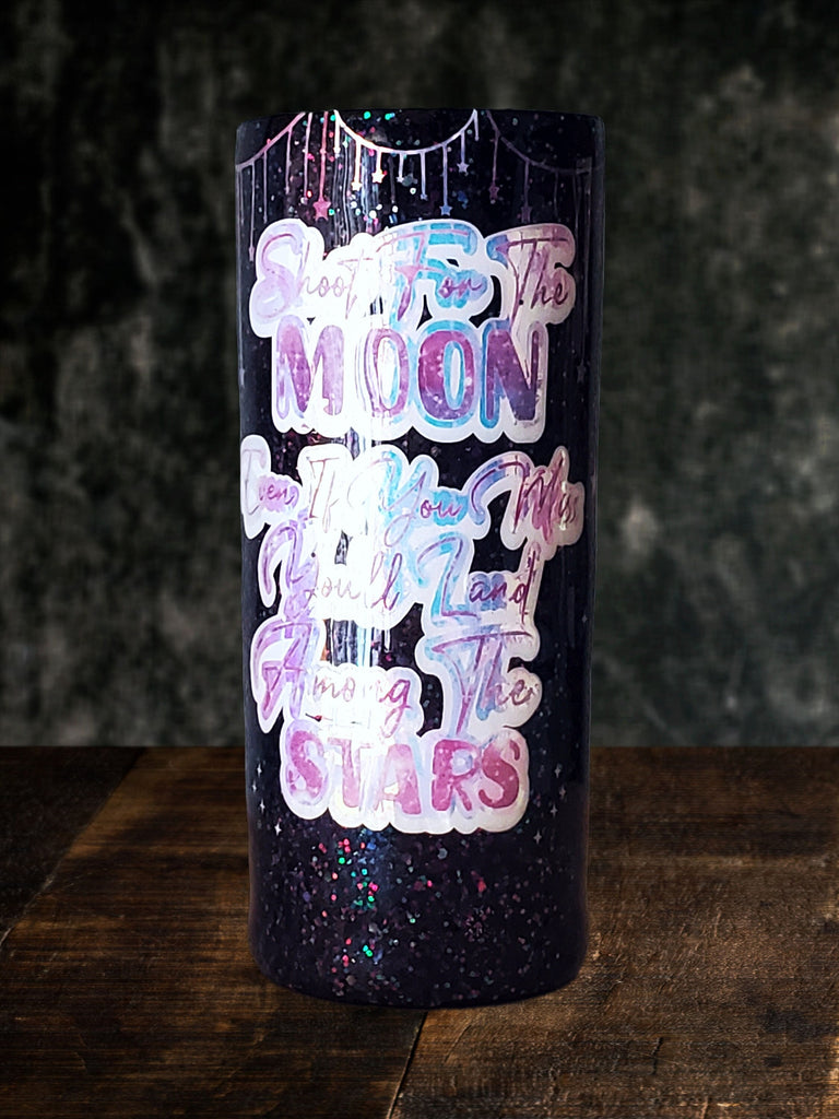 You Personalize  Shoot for the Moon Even If You Miss You'll Land Among The Stars Glitter Tumbler Iron Flask Custom Tumbler Travel Mug