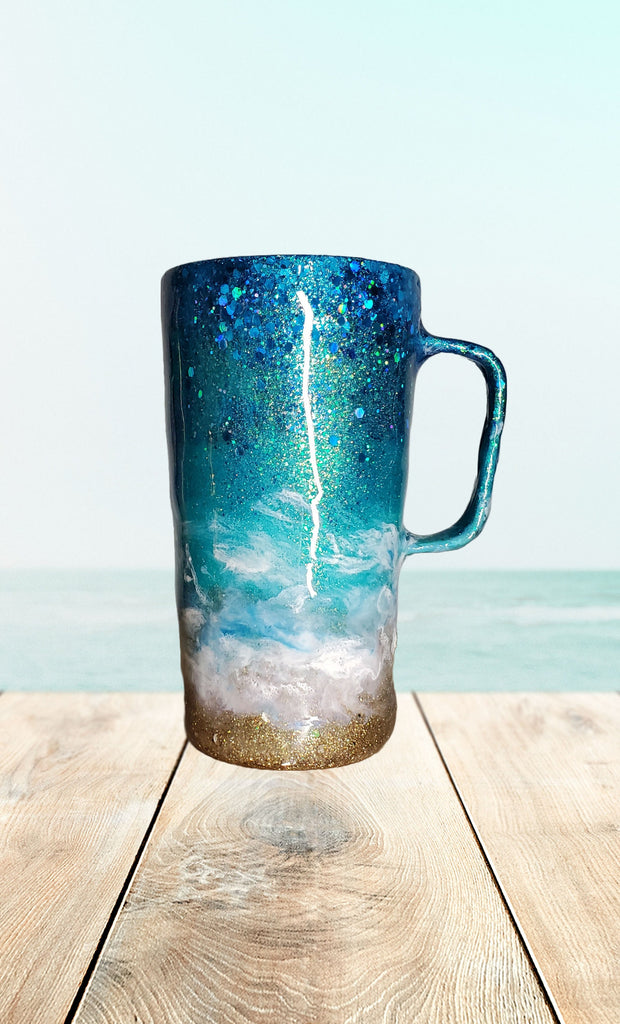 You Personalize Spillproof Aqua Teal Cyan Beach Waves and Sand Ombre Glitter Tumbler Iron Flask Custom Personalized Tumbler Travel Mug