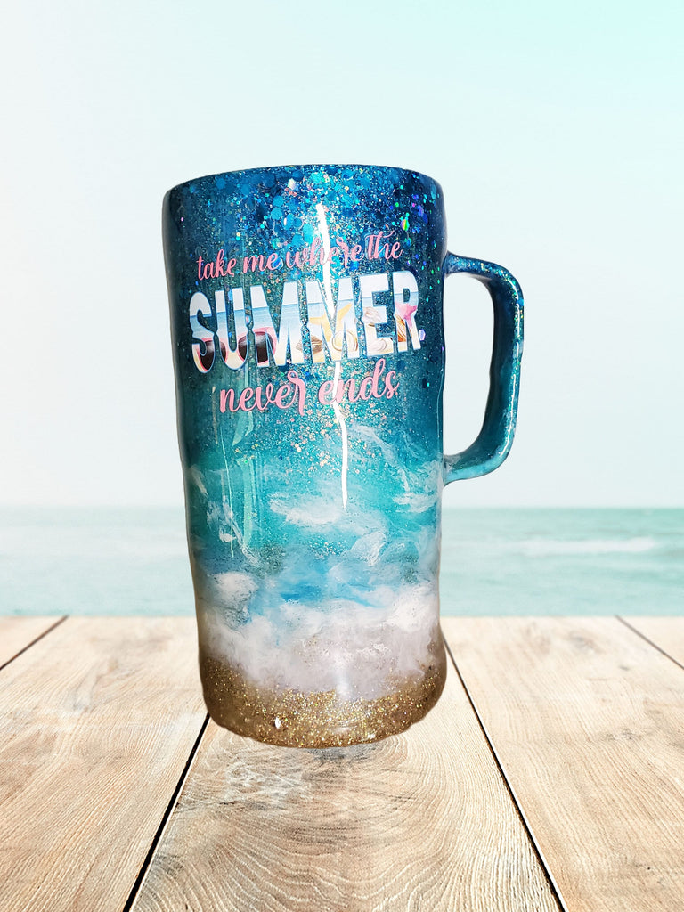 You Personalize Take Me Where the Summer Never Ends Aqua Teal Cyan Beach Glitter Tumbler Iron Flask Custom Personalized Tumbler Travel Mug