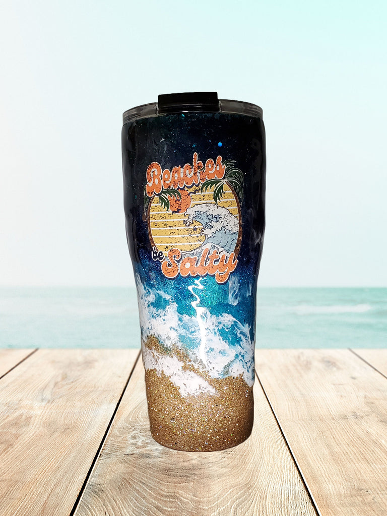 You Personalize Beaches Be Salty Dark Blue Teal Aqua Beach Glitter Tumbler Iron Flask Bru Mate Yeti Stanley Multiple Sizes Custom Tumbler