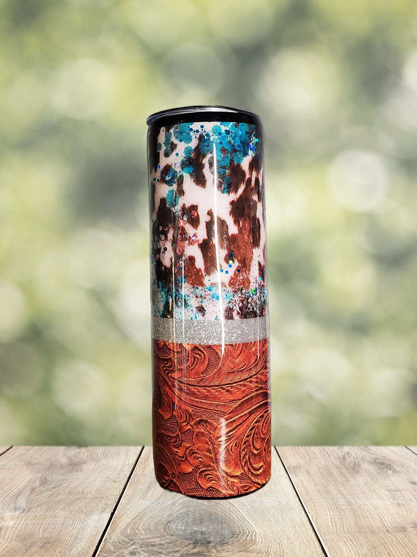 You Personalize Boho Southwestern Tooled Leather Cowhide Bull Skull Sunflower Glitter Tumbler Iron Flask Insulated Custom Tumbler Travel Mug