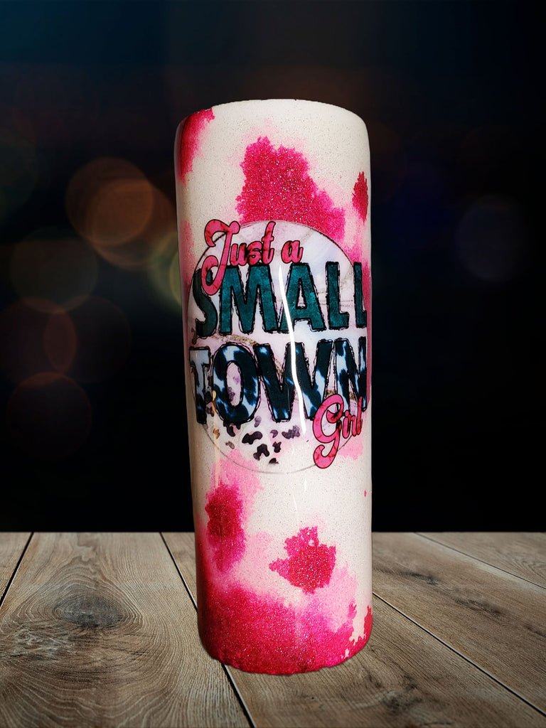 You Personalize Just a Small Town Girl Pink Cow Hide Glitter Tumbler Iron Flask Stanley Yeti Custom Tumbler Travel Mug