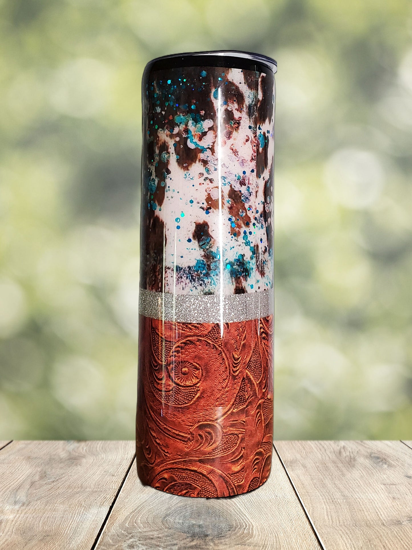 You Personalize Boho Southwestern Tooled Leather Cowhide Bull Skull Sunflower Glitter Tumbler Iron Flask Insulated Custom Tumbler Travel Mug