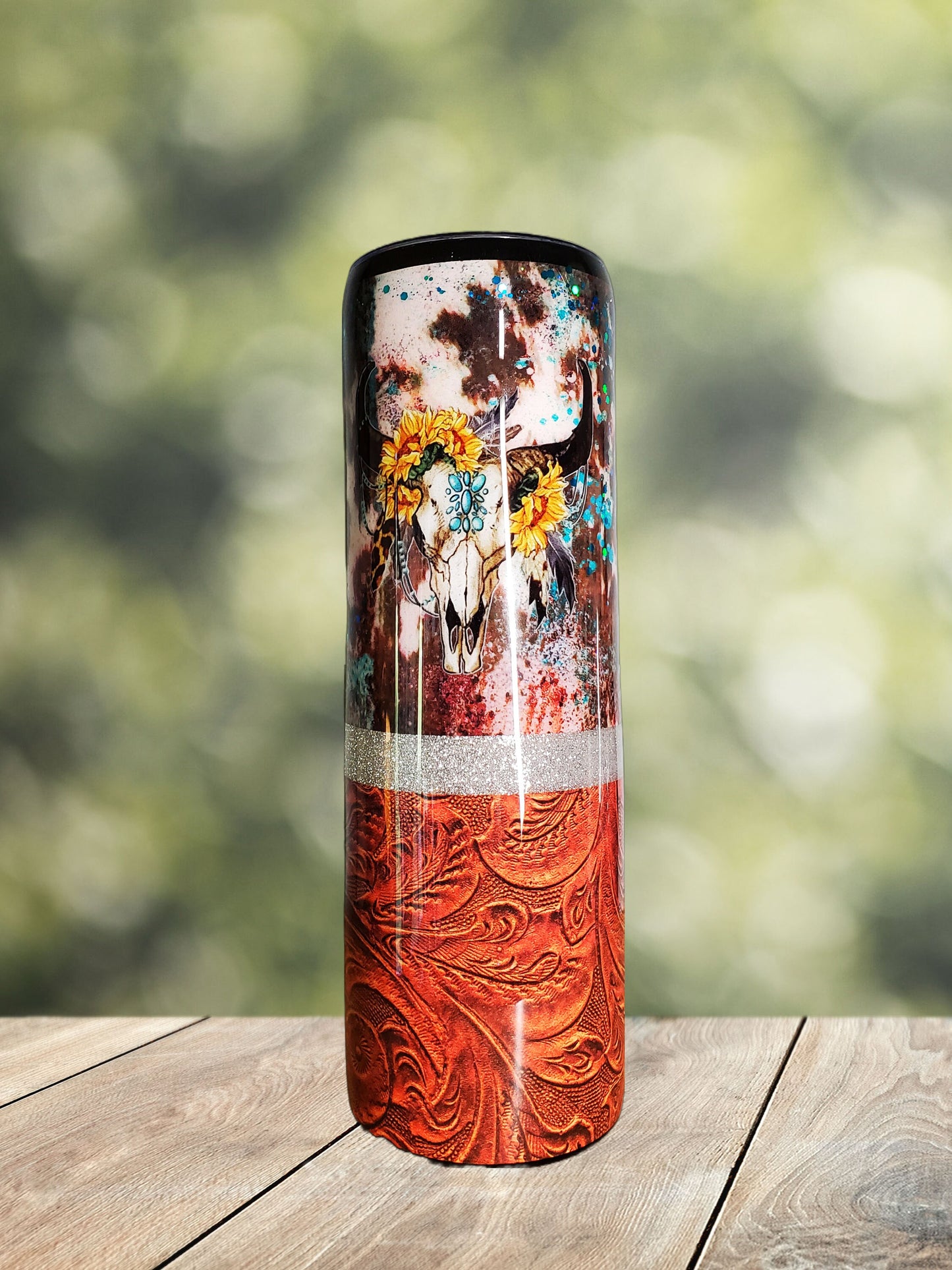 You Personalize Boho Southwestern Tooled Leather Cowhide Bull Skull Sunflower Glitter Tumbler Iron Flask Insulated Custom Tumbler Travel Mug