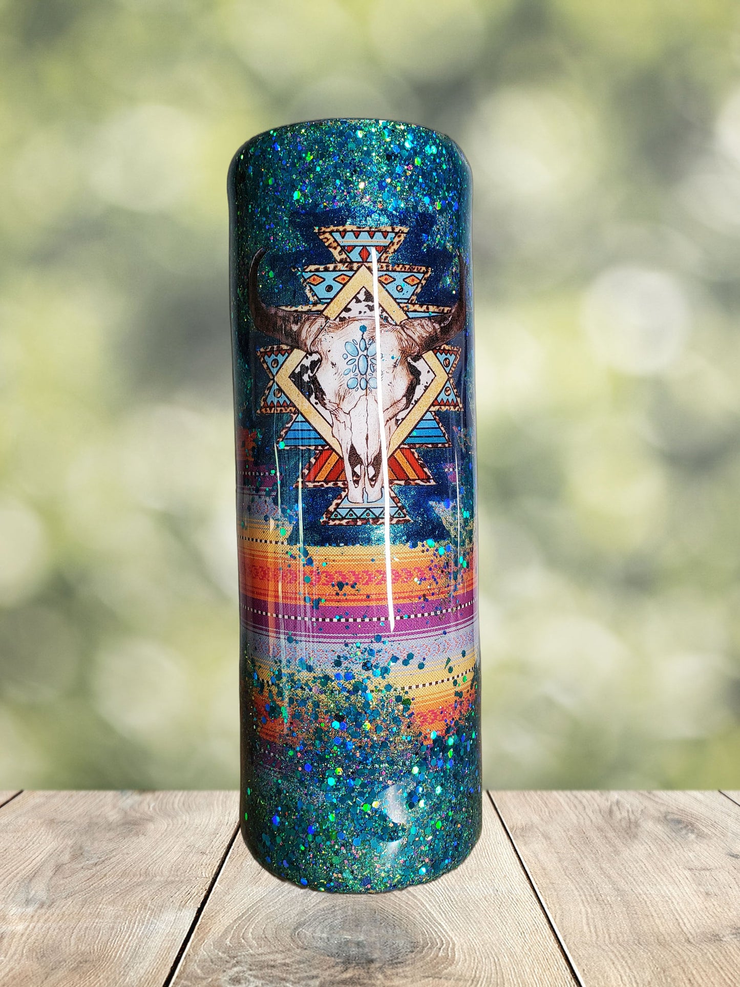 You Personalize Southwestern Bull Skull Glitter Serape Custom Epoxy Tumbler Travel Mug