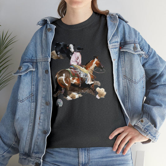 Cutting Horse and Calf Western Performance Horse Cow Horse Heavy Cotton Tee
