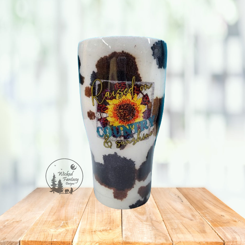 You Personalize Raised on Country and Sunshine Cow Hide Cow Print Sunflower Glitter Epoxy Tumbler Multiple Sizes Custom Tumbler