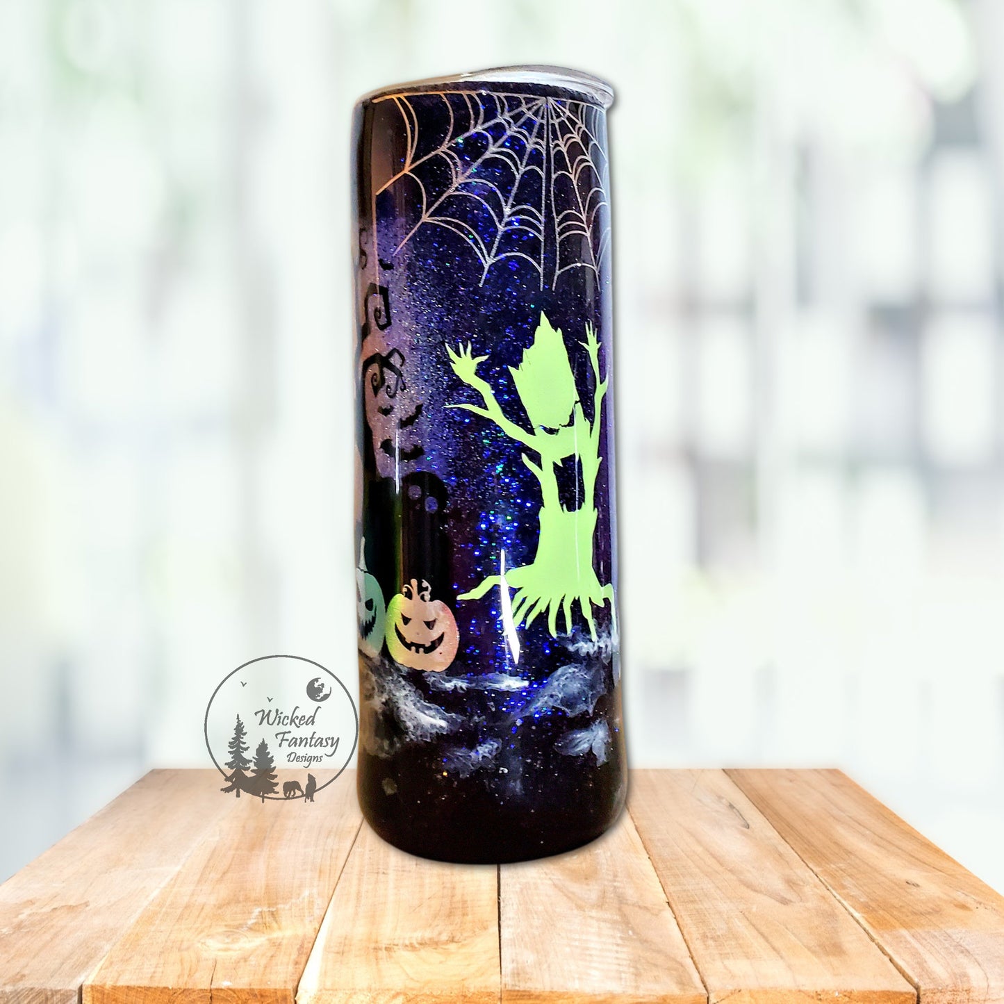 You Personalize Spooky Jackolanterns Eerie Trees Flying Witch Mist Epoxy Glitter Tumbler Multiple Sizes