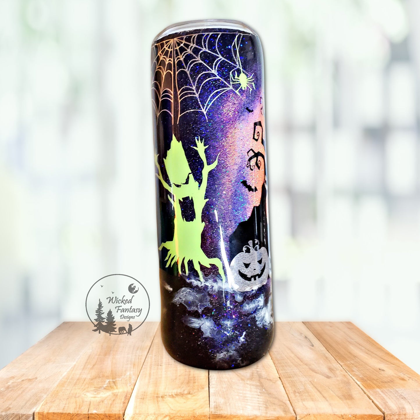 You Personalize Spooky Jackolanterns Eerie Trees Flying Witch Mist Epoxy Glitter Tumbler Multiple Sizes