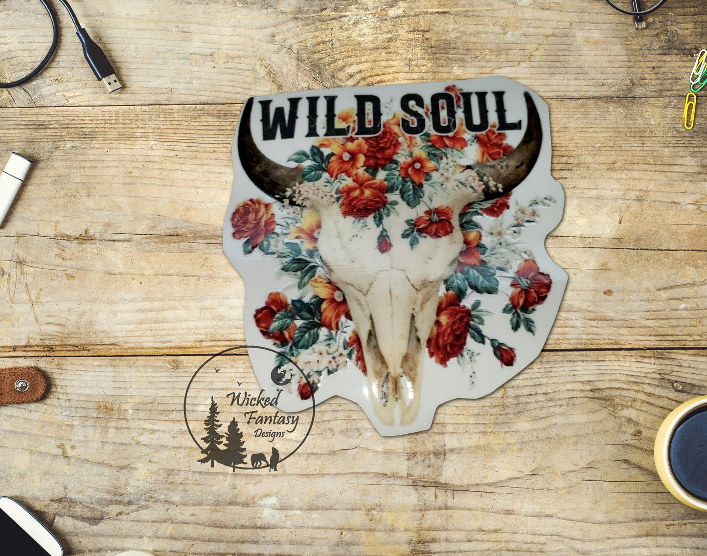 UVDTF Decal Wild Soul Boho Cow Skull Roses Western Rustic Ranch 1pc